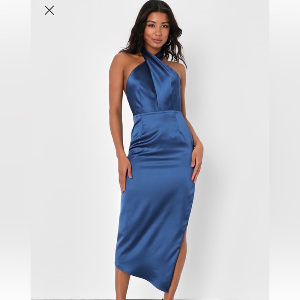 Satin Halter Midi Dress in Royal Blue